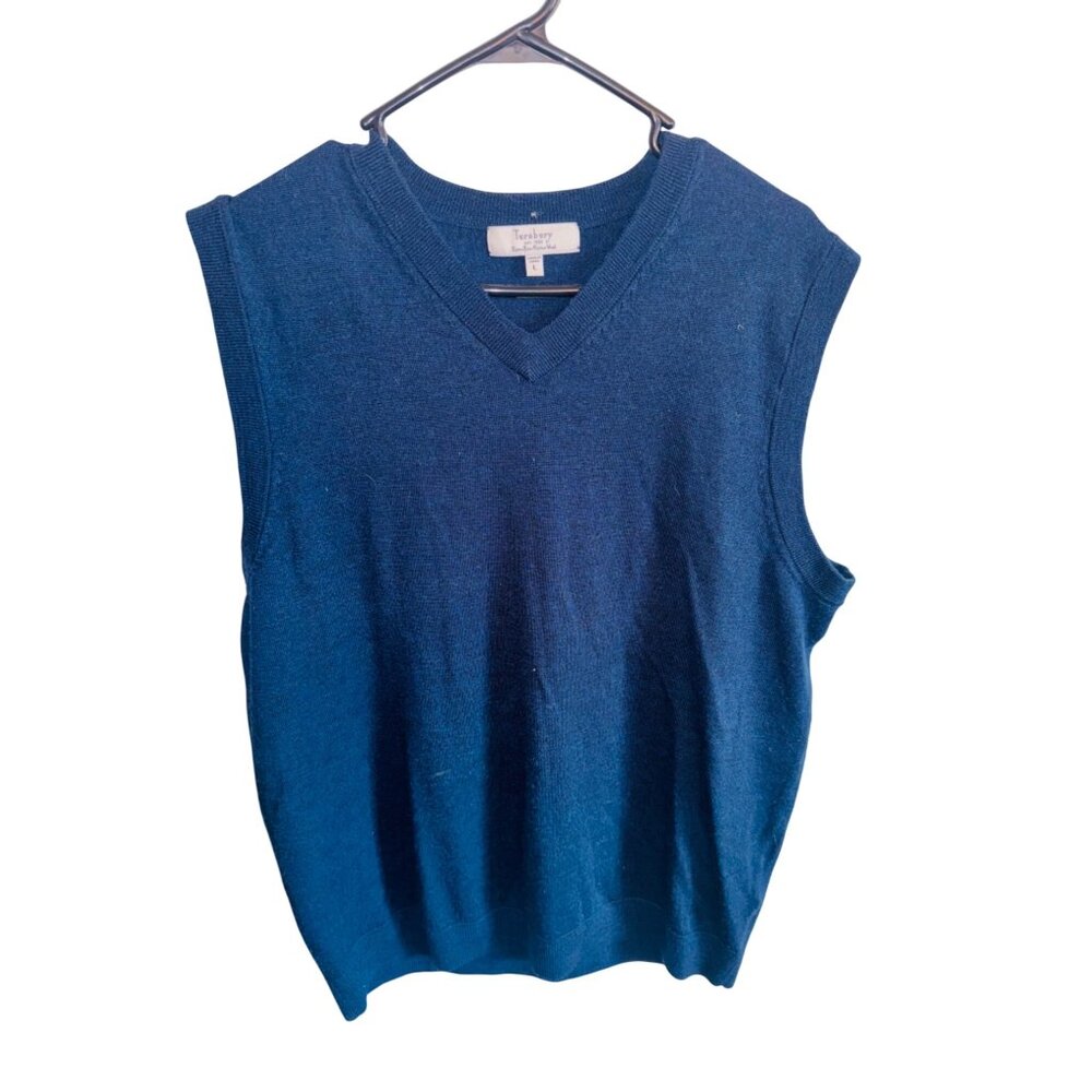 Turnbury Navy Blue V-Neck Sleeveless Sweater Vest 100% Extra Fine Merino Wool L